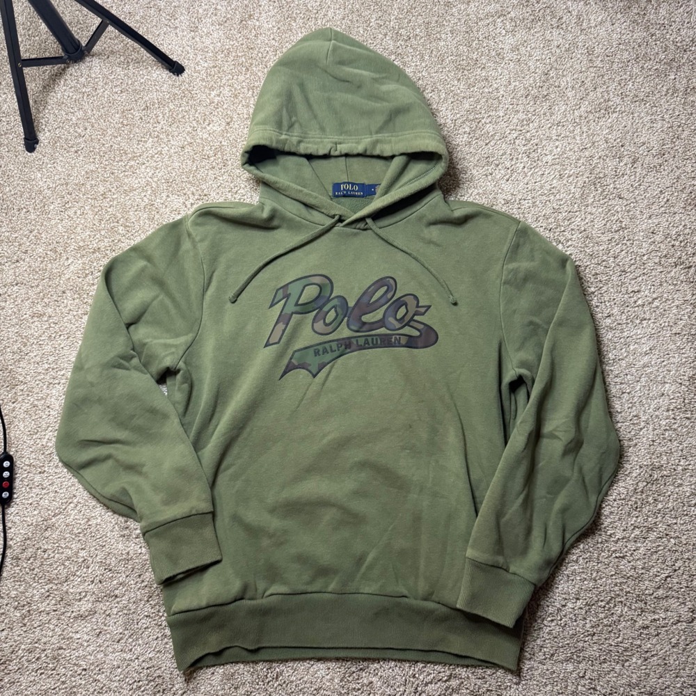 Polo Ralph Lauren Hoodie Mens Medium Green Camo Graphic Logo Fleece Sweatshirt